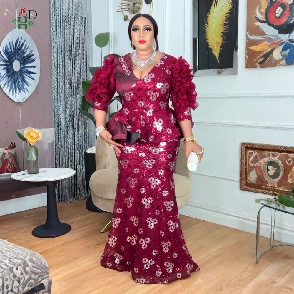 African Dresses For Couple Burgundy Traditional Men 3PCS Embroidered Outfit Set Sequin Floral Mermaid Robe Wedding Party Dress