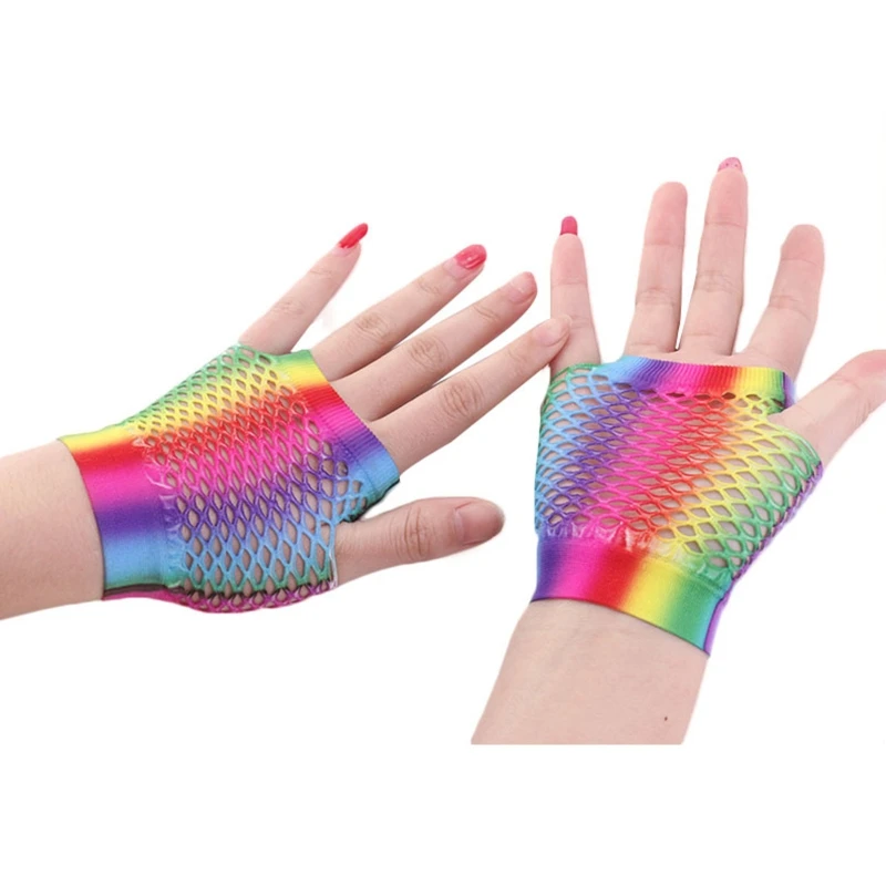 Women Teens Short Gloves Nightclub Hollow See Through Gloves Summer Beach Anti-UV Gloves Short Colorful Mesh Mittens