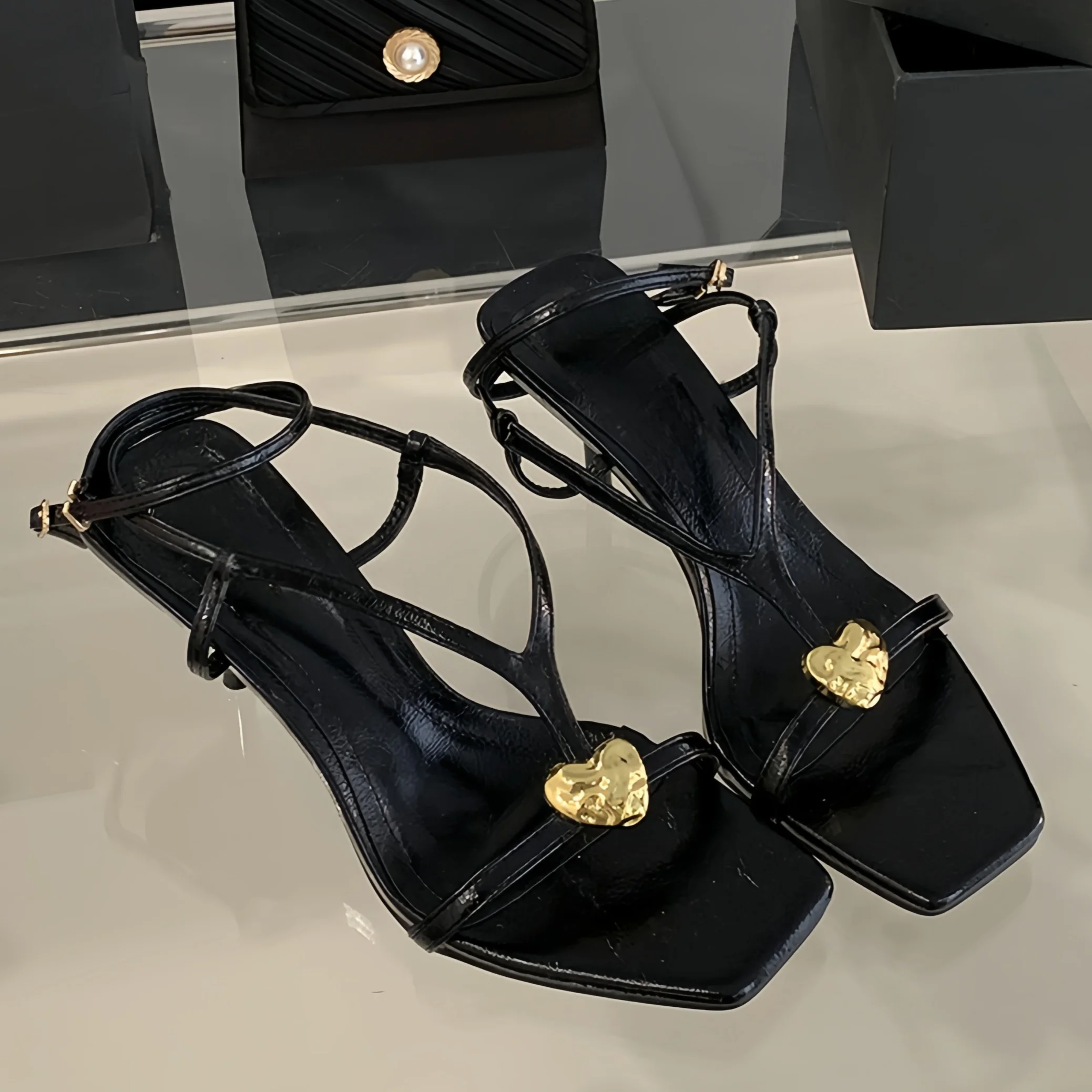 

Fashionable Open Toed High Heels French Style Sandals Fine Heeled Sandals Love Metal Buckle High Heels Versatile High Heels