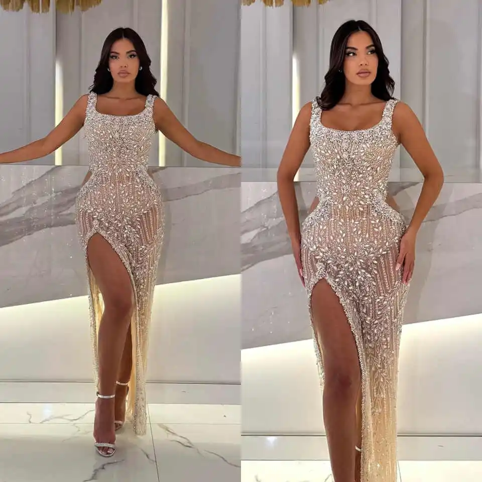 

Illusion Sleeveless Sequined Mermaid Evening Gown Fashion Beaded Lace Prom Dress High Side Split Party Gown Customized