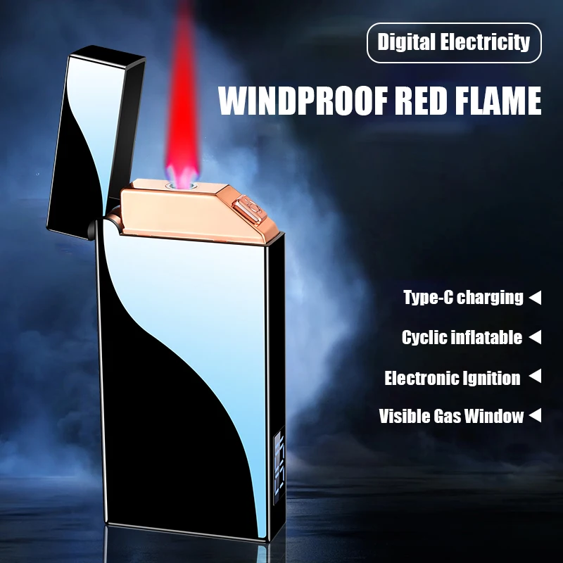 Red Flame Inflatable Windproof Electric Visual Butane Gas Window Power Display Ignition Times Cigarette Lighter