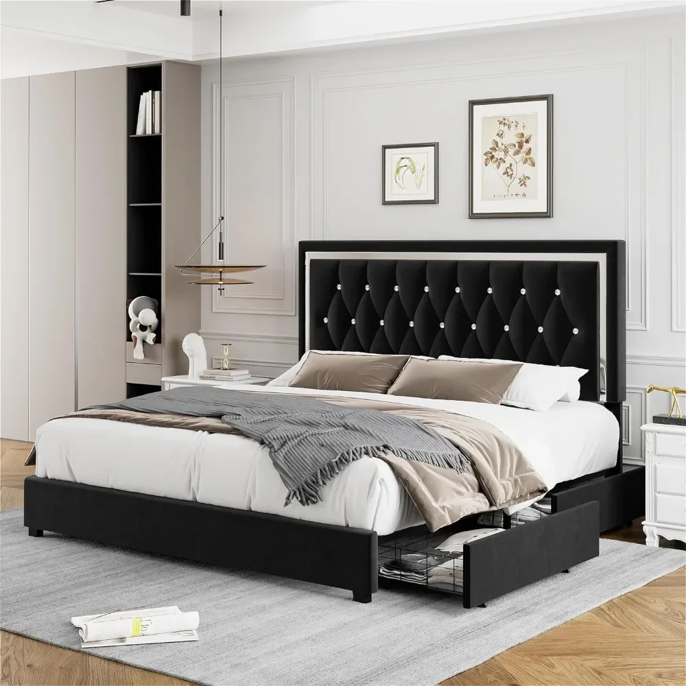 

Bed Frame with 4 Storage Drawers and Adjustable Headboard, Wooden Slatted Support, Modern Upholstered Table Bed