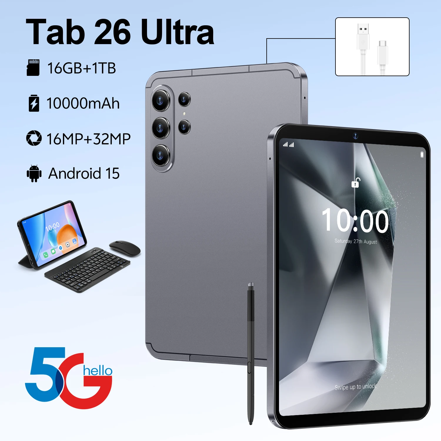 

Планшет HOT Pad Tab 26 Ultra на Android 15 с процессором MSnapdragon 8 Gen3, 10.1-дюймовым HD-экраном, поддержкой 5G, двумя SIM-картами, двойным режимом ожидания и аккумулятором 10000 мАч