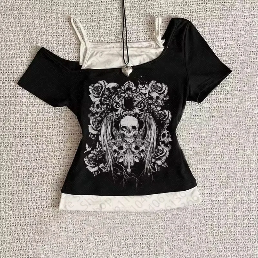 2024 ästhetische Vintage Y2k Stil Kleidung High Street Print Baby Tees Slim Crop Tops Streetwear Goth Kurzarm Emo Mädchen Tops