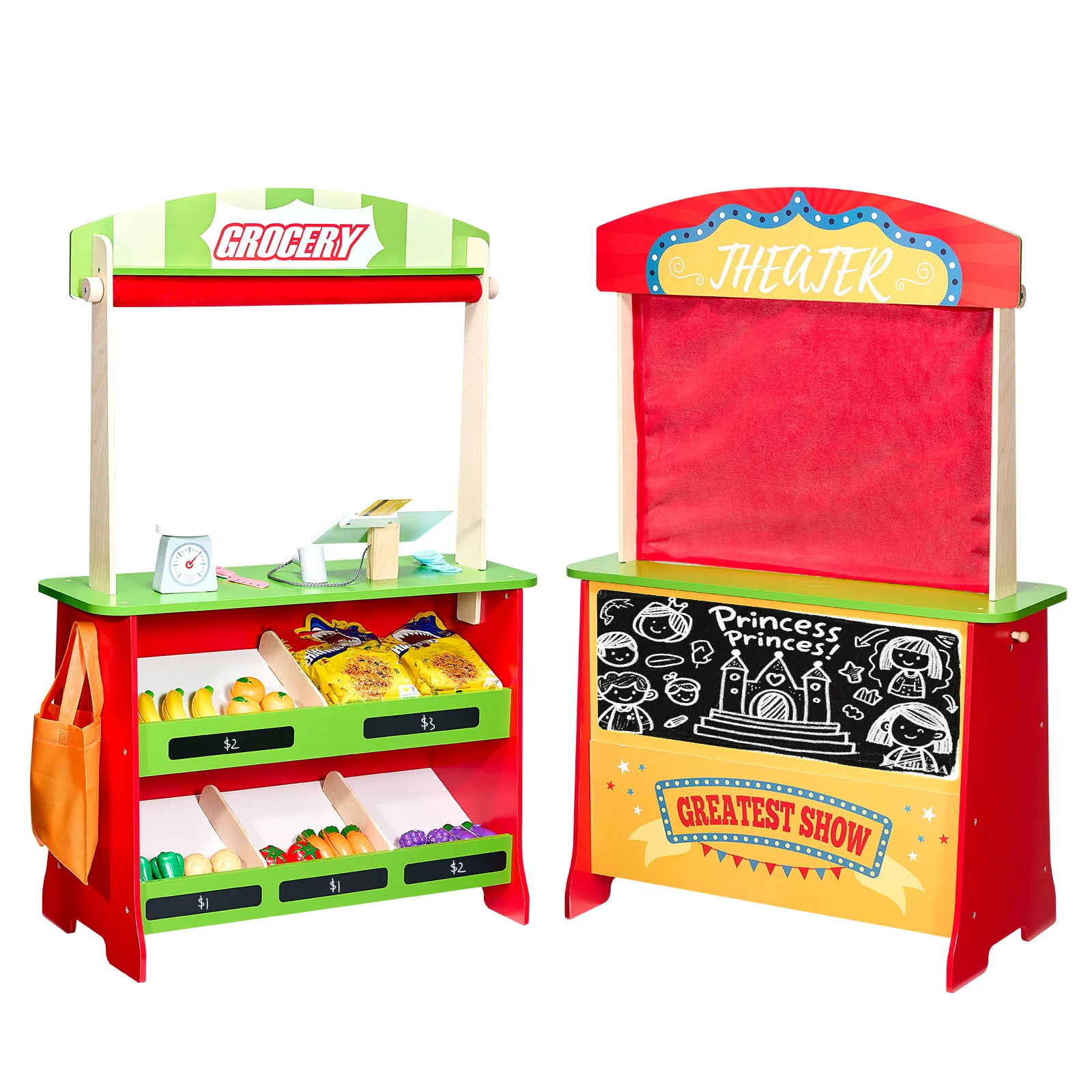 SucceBuy 2-in-1 Kids Wooden Puppet Theater Grocery Store with Curtains Reversible Play Store Playset Toys for Children Gifts