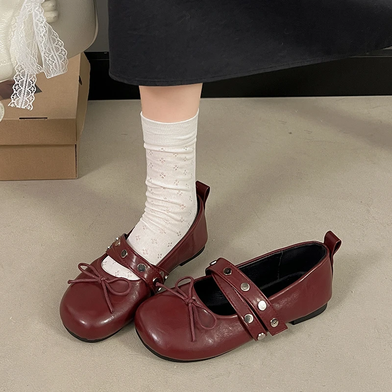 Fashion Pu Leather Women Ballet Flats Footwear Lolita Shoes Luxury Autumn Female Butterfly-Knot Round Toe Ladies Dance Shoes
