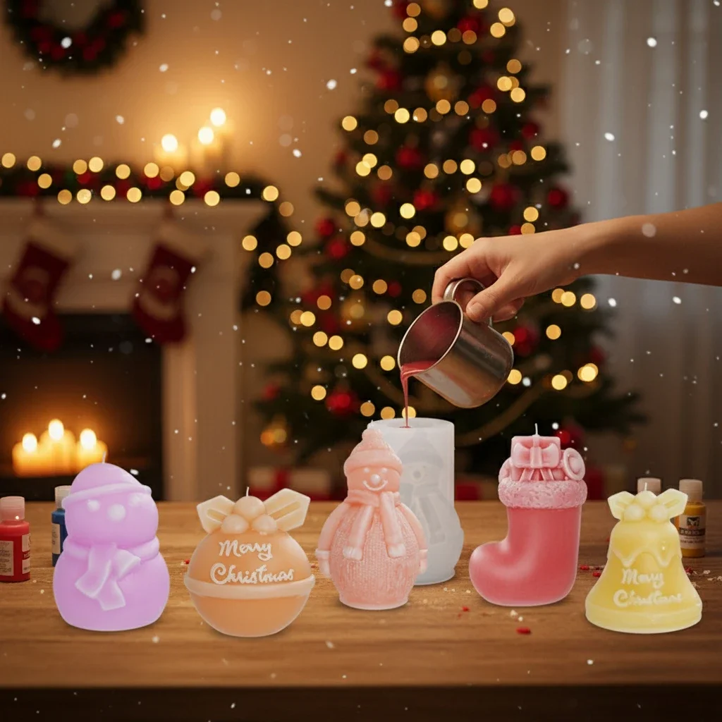 Kreative 3D-Weihnachtskerze, Silikonform, Rentier, Schneemann, Glockenform für DIY, Gips, Kunstharz, Kunsthandwerk, gemütliche Winter-Urlaubsdekoration
