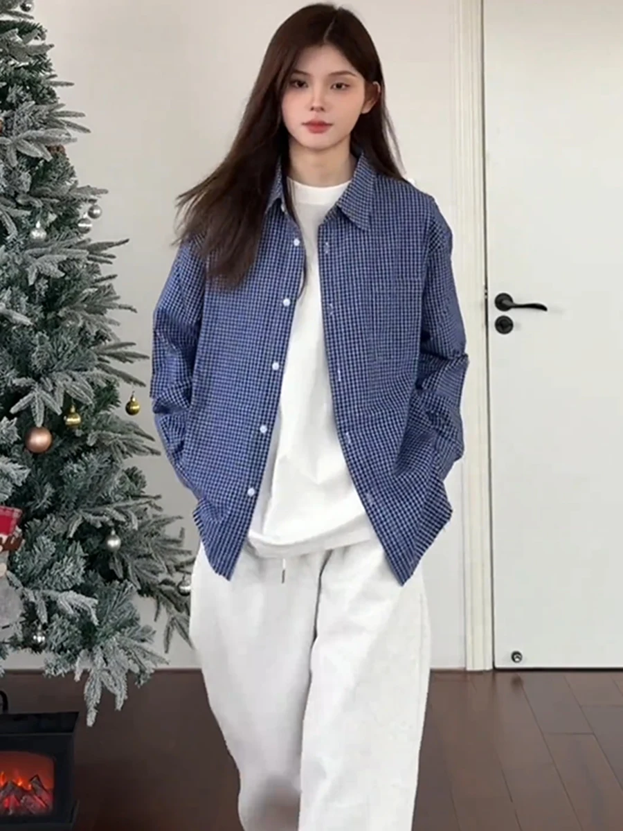 

Blue Plaid Long Sleeve Shirt Men's Spring Autumn American Style Retro Cleanfit Jacket Loose Fit Youth Trend Spring 2025