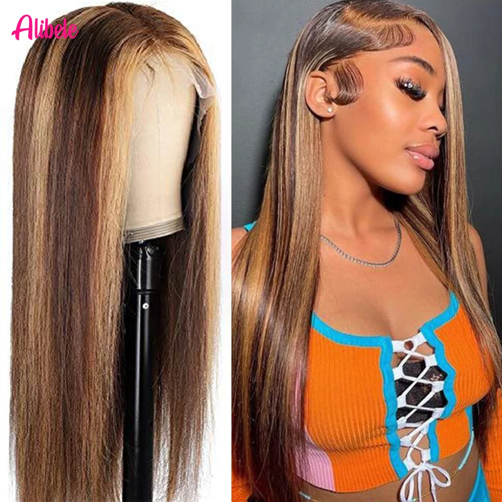 

Alibele Straight Highlight Human Hair Wigs Wholesale Ombre P4/27 Piano Colored For Women 13x6 Pre Bleached Hd Lace Frontal Wigs