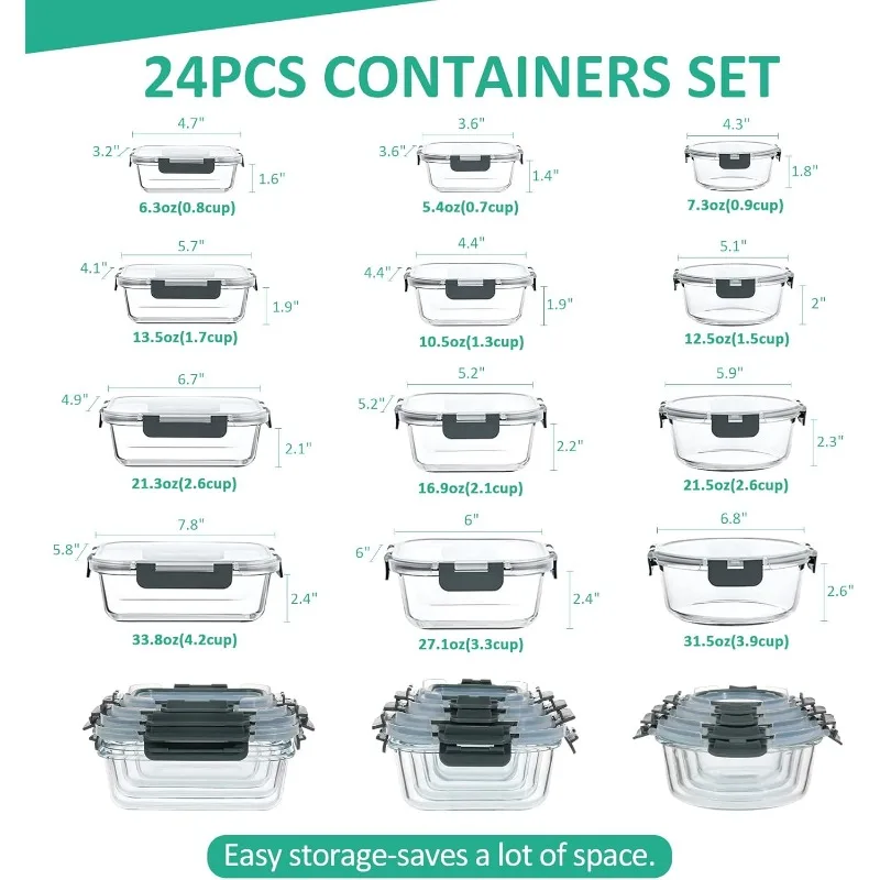 24 Pieces Glass Food Storage Containers Set-Stackable Airtight Glass Storage Containers with lids,Freezer to Oven Safe,Gray