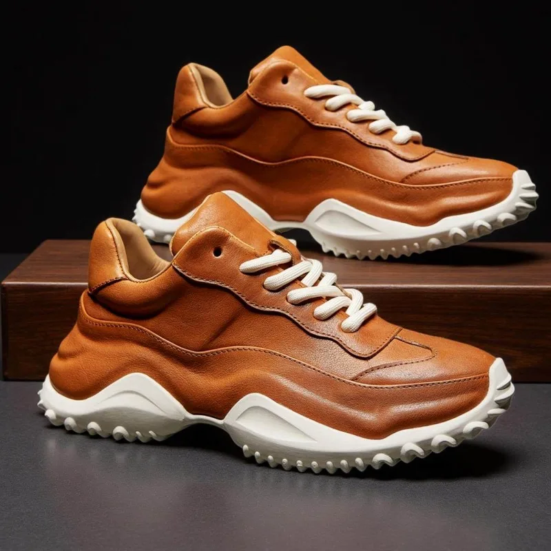 High End Genuine Leather Fashion Sport Oxfords Men's Shoes Thick Sole Height Increasing Comfortable Walking Sneakers Male