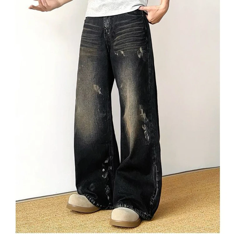 Men's Splashing Ink Design Wide Leg Black Jeans Spring Pants Street Style Cool Boy Sweatpants Male Personality Denim Trousers