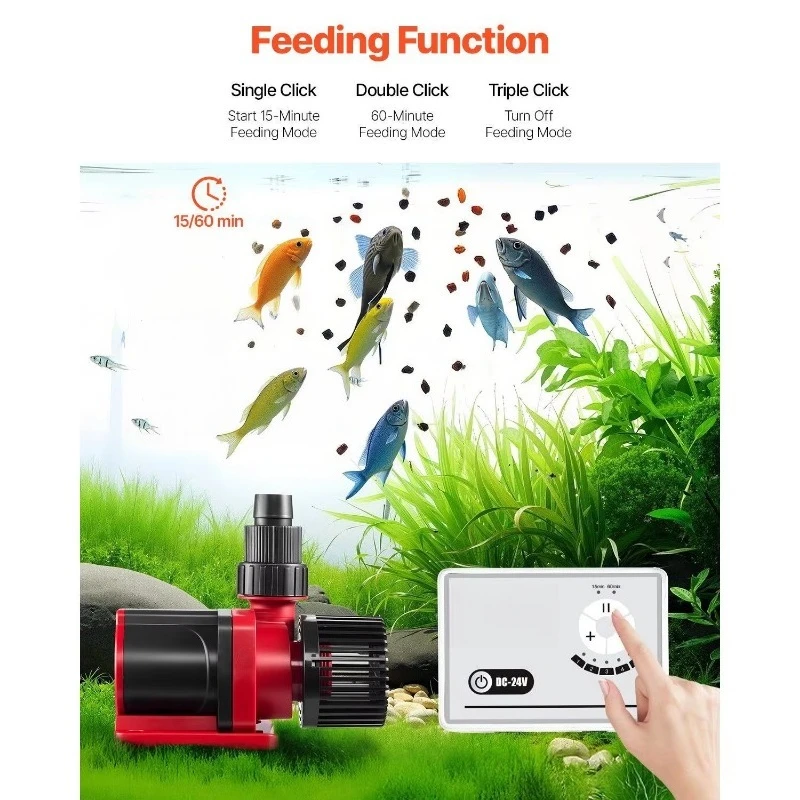 24V DC 60W 1750 GPH Aquarium Pump 16ft, Return Flow Controller, Adjustable Flow Input Mode, Aquarium Accessories