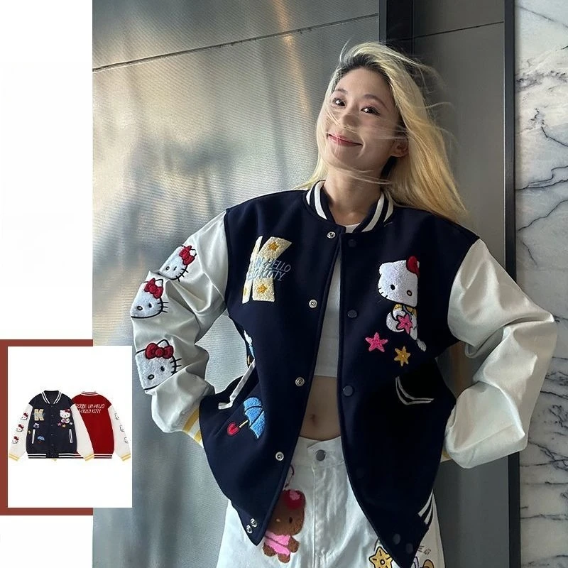 

Fashionable National Trend Hello Kitty Embroidered Baseball Uniform Girls Loose Casual Student Jacket Men Andwomen Couple Jacket