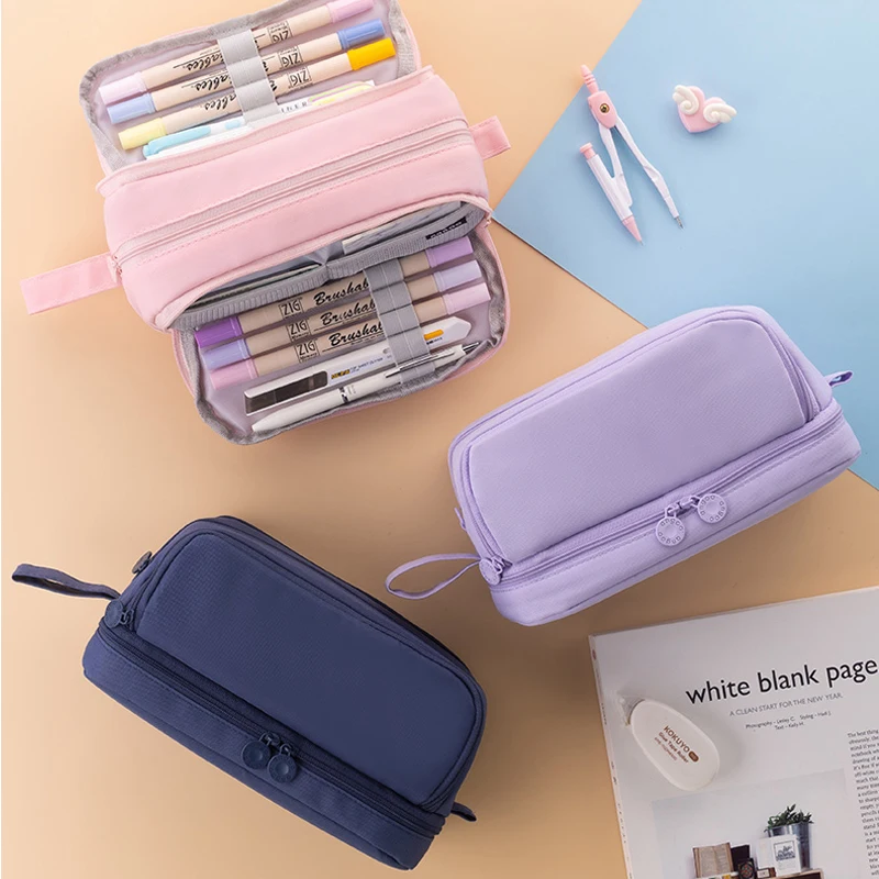 Black 3/4 Partitions Large Capacity Pencil Cases Dual Side Open Pen Pouch Multi-slot School Stationery Storage for Teen Student