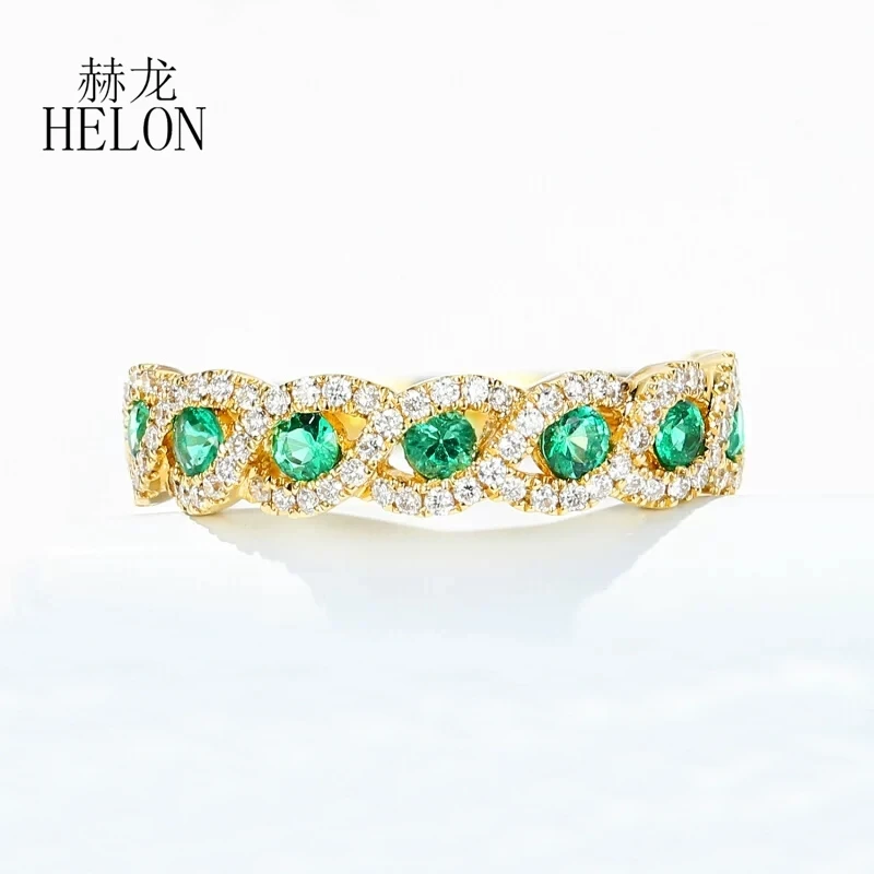 HELON Solid 14K Yellow Gold Natural Diamond Rings For Women Sparkling Real Emerald Engagement Anniversary Unique Fine Jewelry