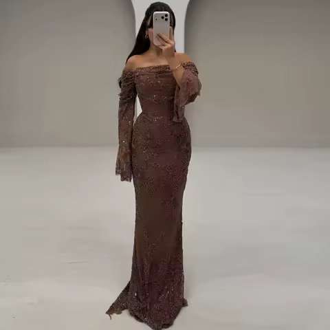 Elegant Mermaid Boat Neck Customized Evening Dress Exquisite Sequined and Beading Vestido De Festa High Quality Lace Prom Dress