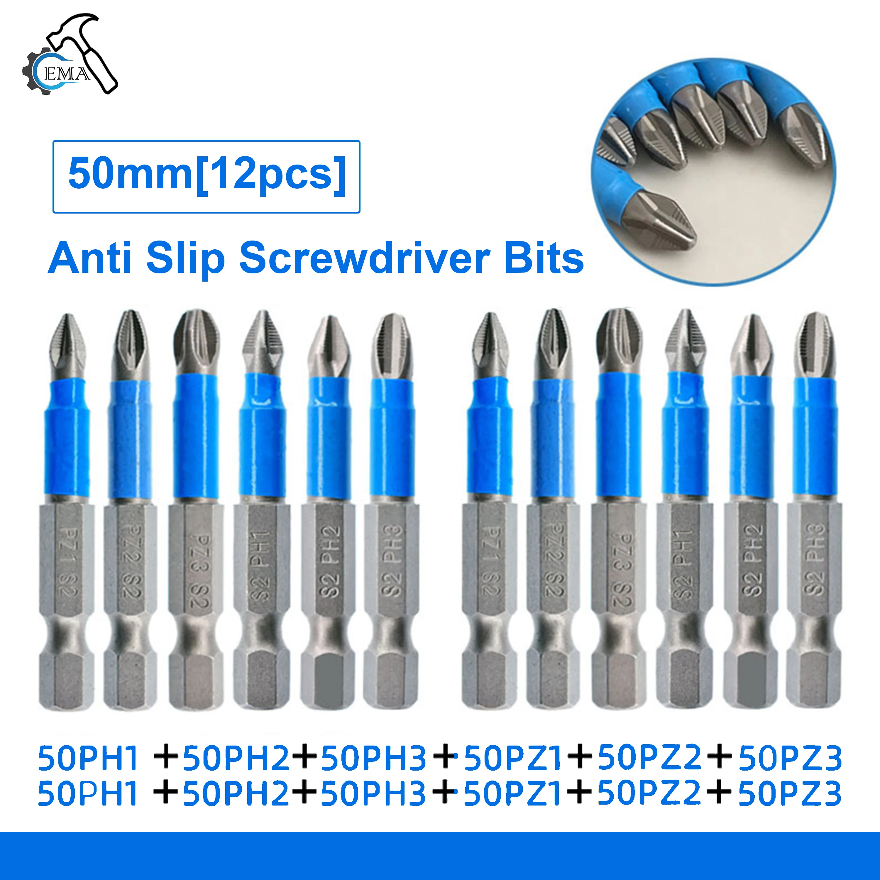 6pc 50mm PH1 PH2 PH3 PZ1 PZ2 PZ3 Magnetic Screwdriver Bit Set 1/4