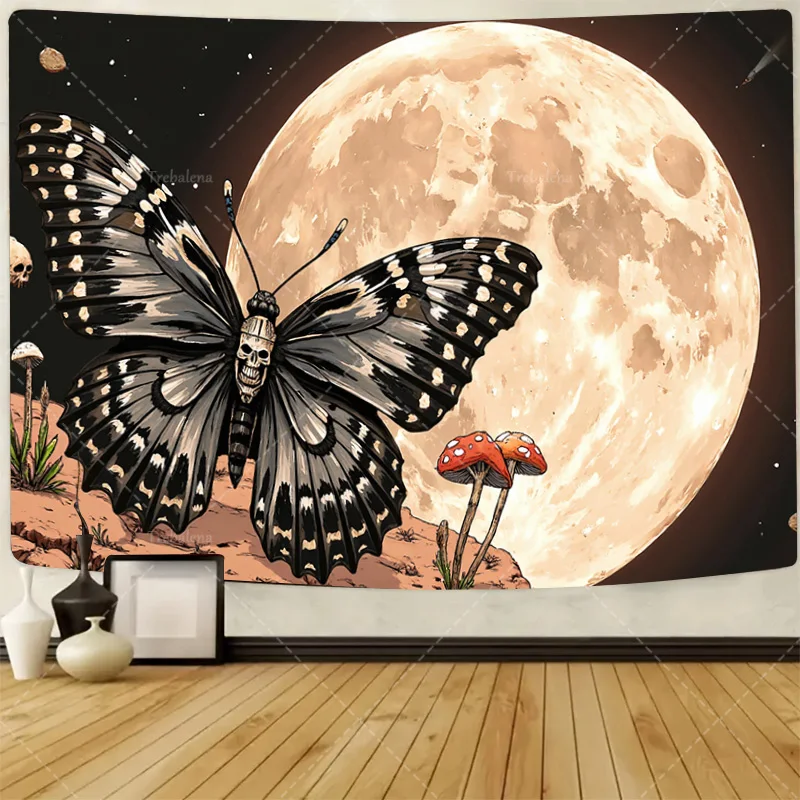 

1шт настенный гобелен череп бабочка и полнолуние гобелен-бохо шикарный настенный художественный декор