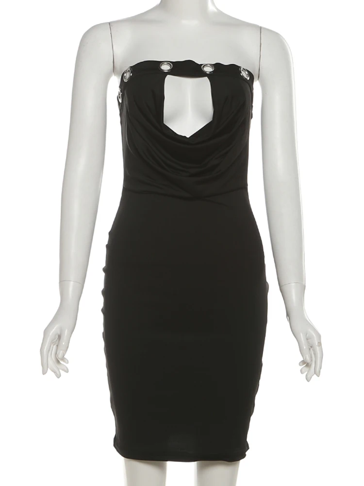 Dziwna Sukienka Metal Hollow Damska Sexy Y2K Marszczona Rozkloszowana Kołnierzyk Obcisła Północna Kokieteryjna Impreza Letni Trend Streetwear Bodycon
