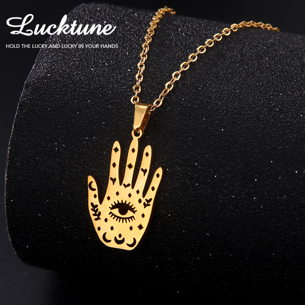 Lucktune Evil Eye Hand of Fatima Amulet Pendant Necklace Women Men Stainless Steel Chain Necklace Jesus Religion Vintage Jewelry