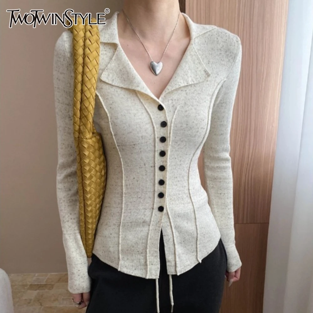 

TWOTWINSTYLE Solid Spliced Single Breasted T Shirt Female Lapel Long Sleeve Slimming Casual Korean Women's T Shirts Fashion New