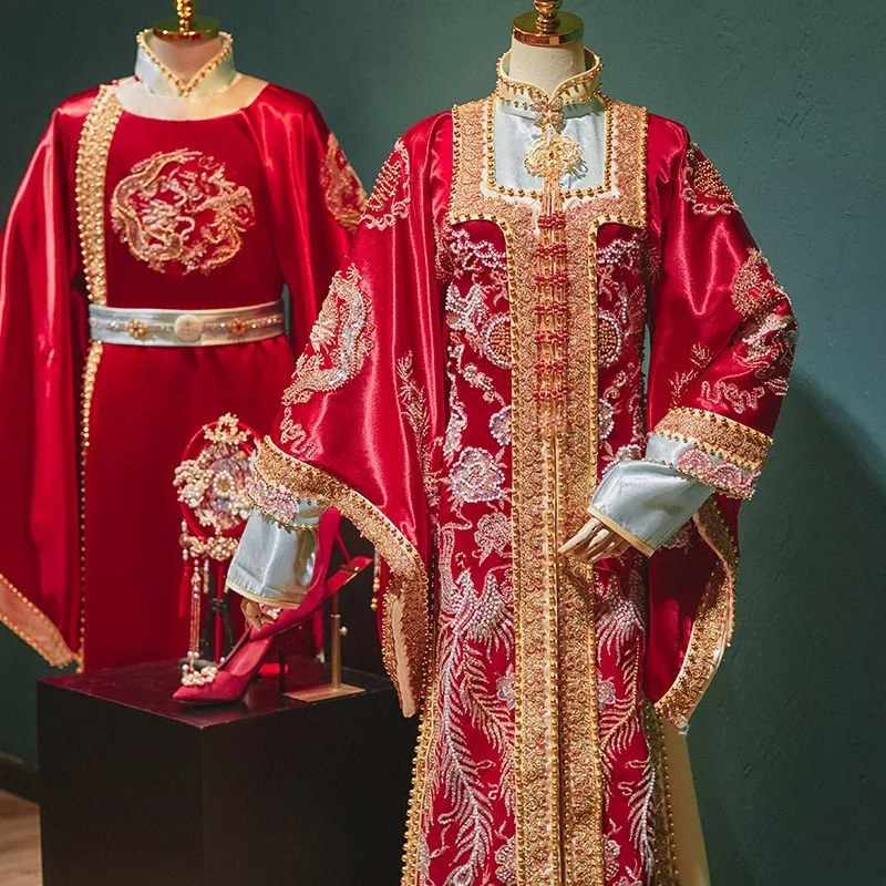

A new style of traditional Chinese wedding dress with heavy beaded embroidery featuring phoenix crown and rosy glow
