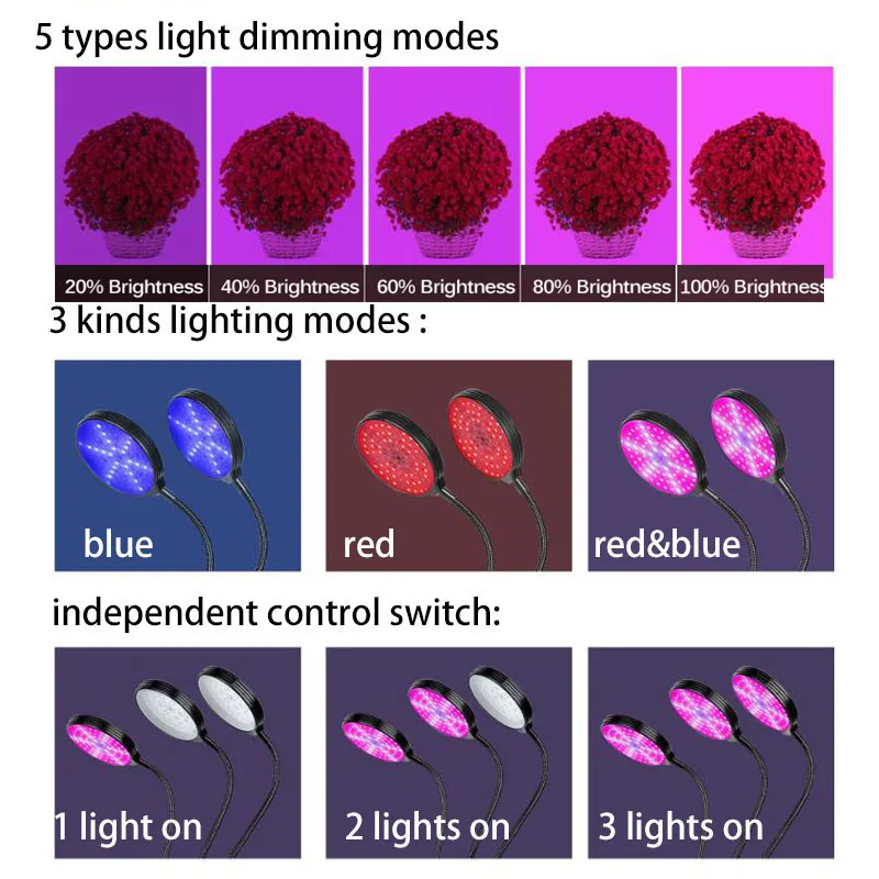 Imagem -06 - Cabeça Led Cresce a Luz dc 5v Usb Temporizador Planta Flor Vermelho Azul Luz Phytolamps 15w 60 Desktop Clipe Phyto Lâmpadas Flores Crescer Caixa 4