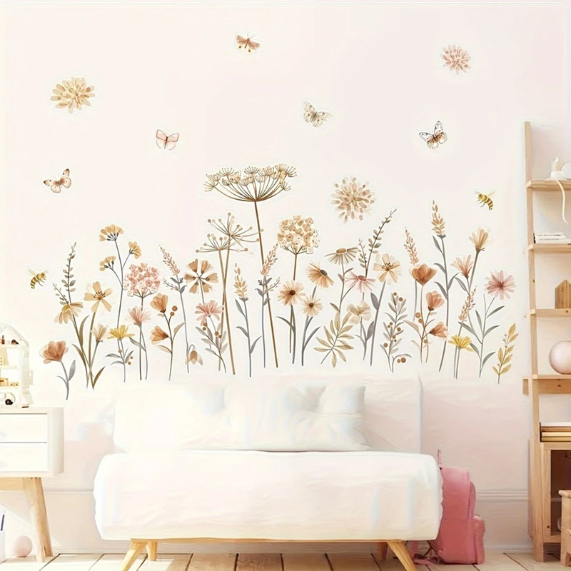 New Boho Flower Wall Stickers Wildflower Floral Grass Decals for Baby Nursery Girls Bedroom Kids Room Wall Decoration