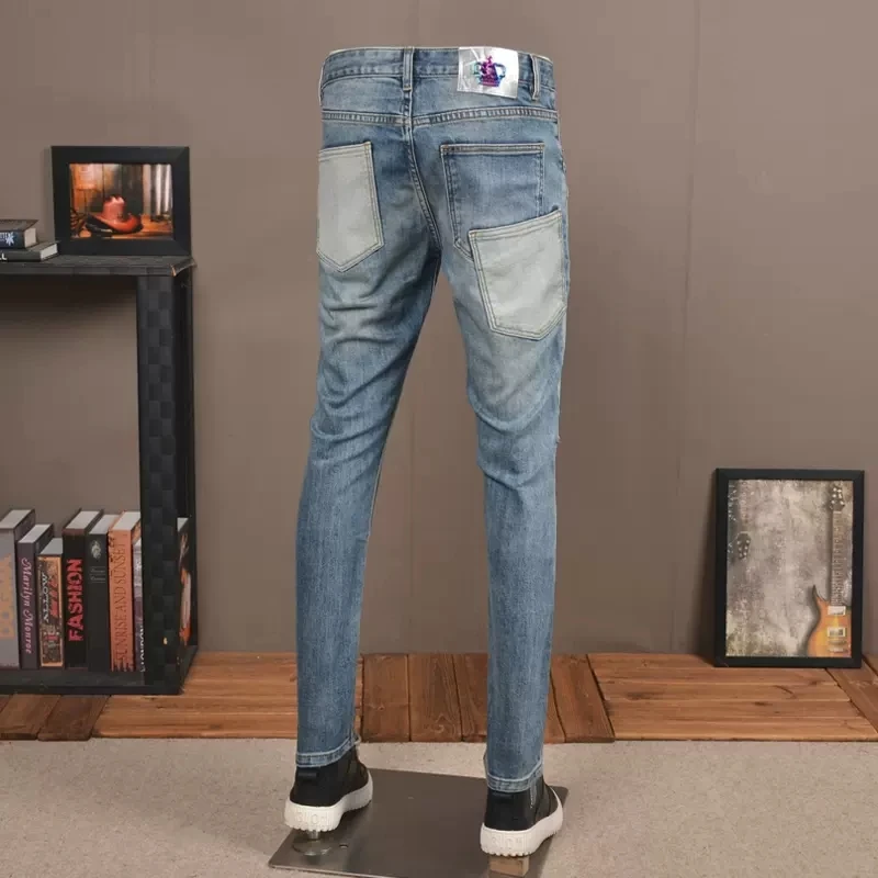 Fashion Streetwear Men Jeans Retro Blue Stretch Slim Fit Spliced Designer Ripped Jeans Men Multi Pockets Hip Hop Pants Hombre
