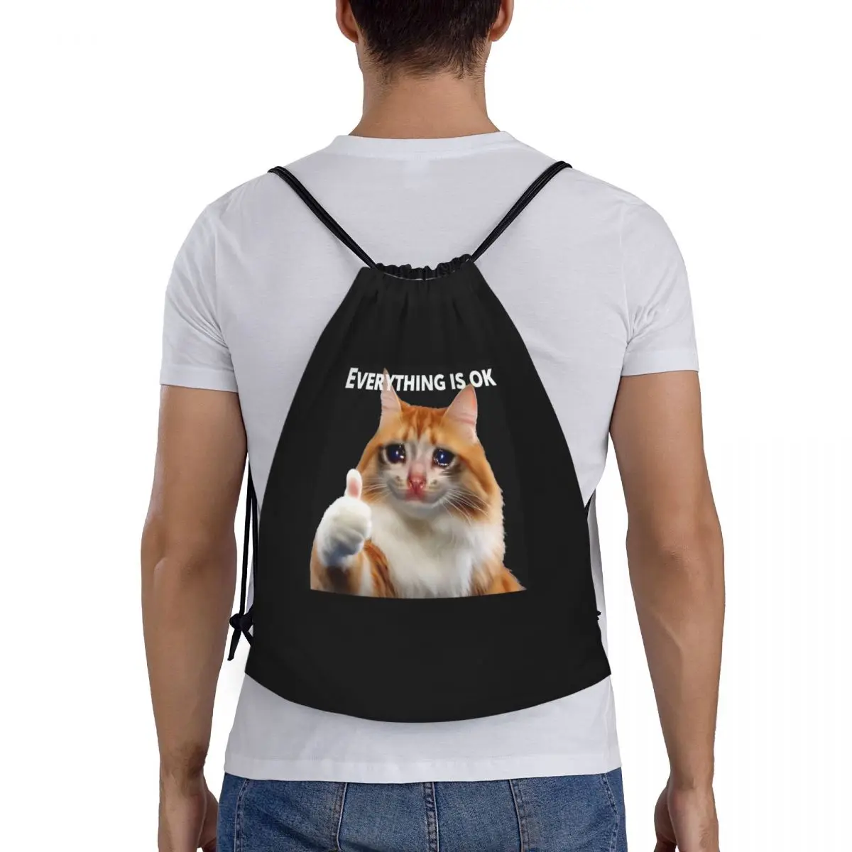 

Everything's Ok Crying Cat Memes Backpacks Casual Drawstring Bags Storage Bag Book Bags for Man Woman School