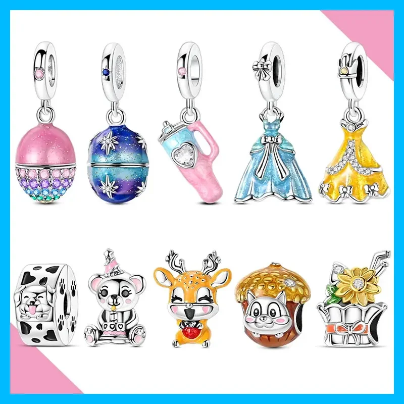 Dress Bear Deer Squirrel Flower CZ Original Charms Silver Plated Bead Fit Bracelets Bag Keychain Charms Diy Women Gift Accessory