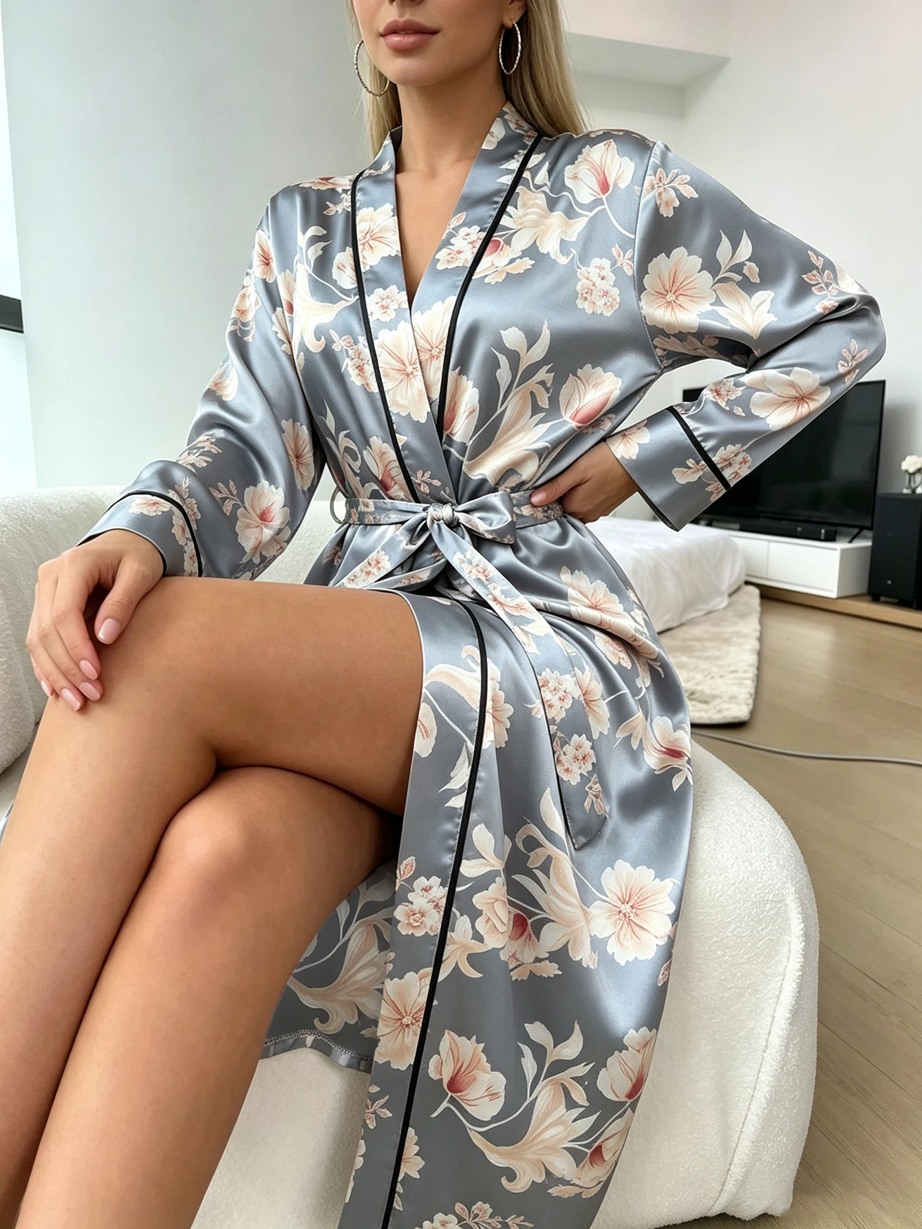 2026 New Elegant Women's Long Nightgown with Random Floral Prints, Loose-Fitting Tie-Up Robe, Bathrobe, Morning Robe, Can Be Worn Outside, Home Robe, Suitable for All Seasons, Loungewear