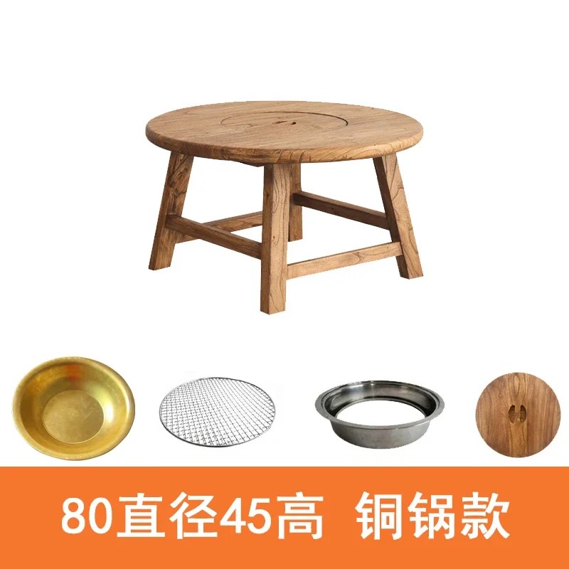 Outdoor Courtyard Retro Bamboo Chair Charcoal Oven Brazier round Solid Wood Barbecue Table