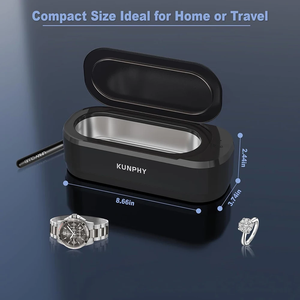 KUNPHY 46kHz Stainless Steel 360° Deep Cleaning Machine 12oz Multi-function Ultrasonic Jewelry Cleaner For Glasses Watches Sonic