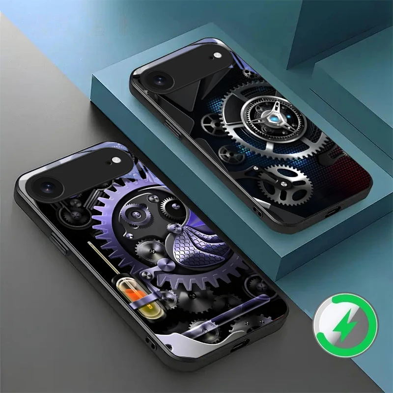 

Fashion Mechanical Gear Suitable For iPhone 17 Pro Max 16E 15 Pro 14 13 Plus 12 mini 11 16 Air 17Pro magnetism Glass Phone Case