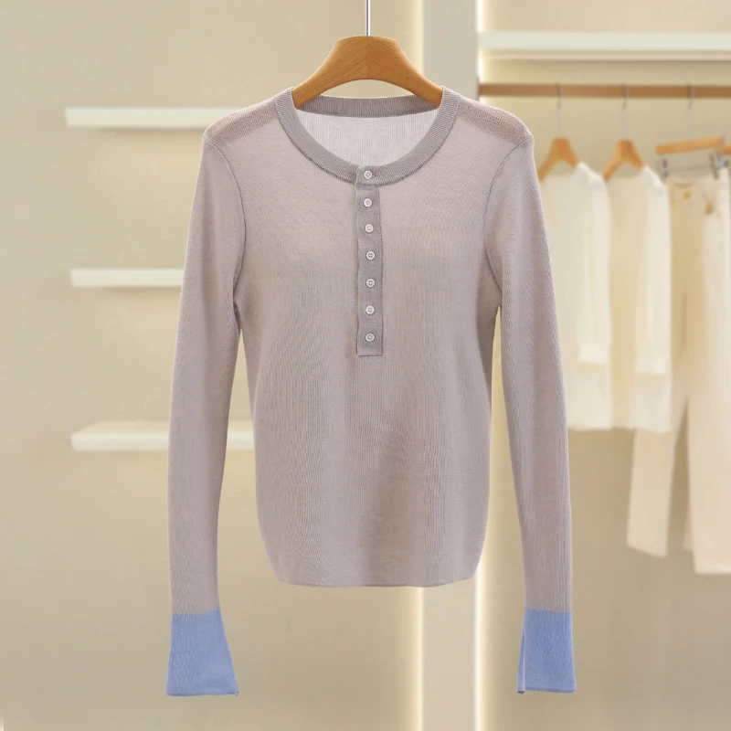 سترة خريفية مريحة كورية مستديرة Ne Splice ذات قاعدة محبوكة irt أنيقة للخريف للشابات من عمر 25 إلى 29 عامًا #3