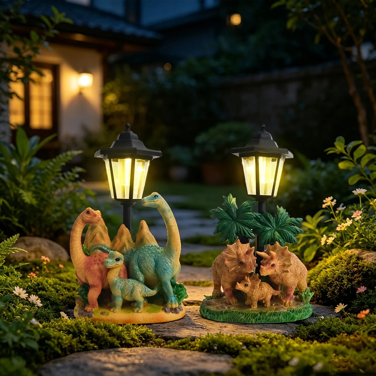 Dinosaur family resin handicraft ornament outdoor statue light solar charging garden sculpture decorative light
