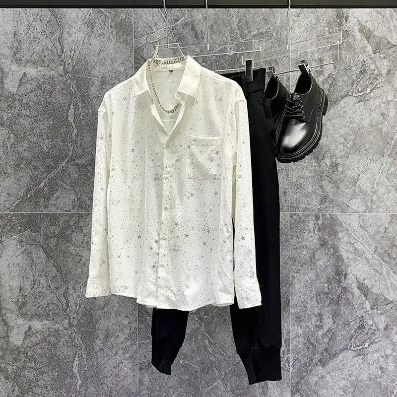 Spring Autumn New Fashion Printing Babysbreath Shirts Men's Clothin POLO Collar Loose Buttons Korean Chaopai Simplicity Blouse