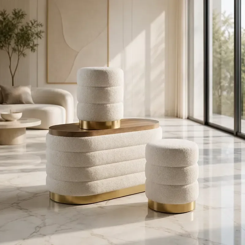 Modern Luxury Terry Cloth Pleated Stool Set with Wooden Top Round Ribbed Footrest Gold Base Bench for Living Room Bedroom
