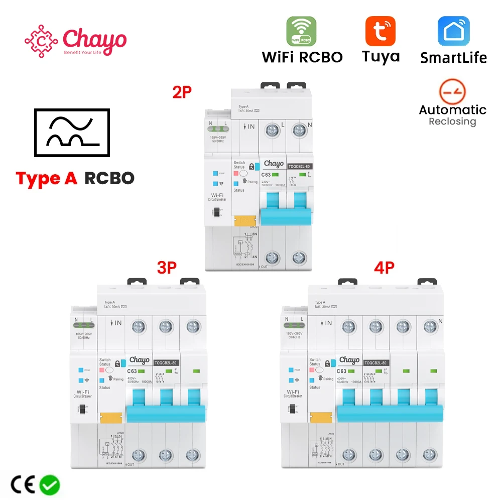 Chayo TypeA Smart WiFi RCBO Circuit Breaker with Power Meter,Auto Reclosing Switch, Tuya Smart Life Remote & Timed Power Control