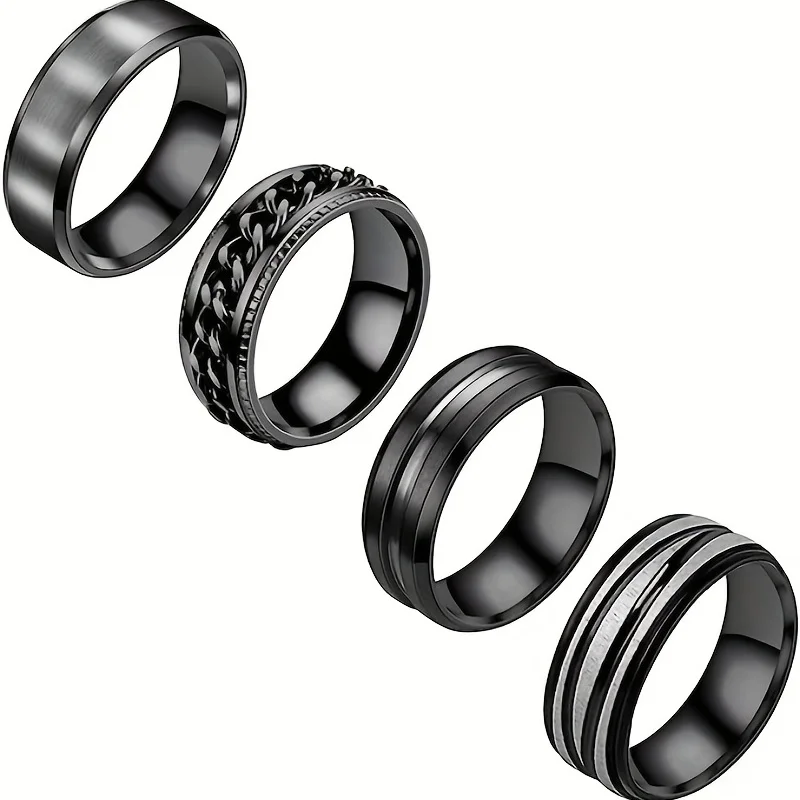 4pcs Men's Stainless Steel Rings 8mm Rotatable Ring Fashion Black 8mm Simple Ring Men's Dating Wedding Ring Set Gift for Men