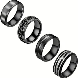 4pcs Men's Stainless Steel Rings 8mm Rotatable Ring Fashion Black 8mm Simple Ring Men's Dating Wedding Ring Set Gift for Men