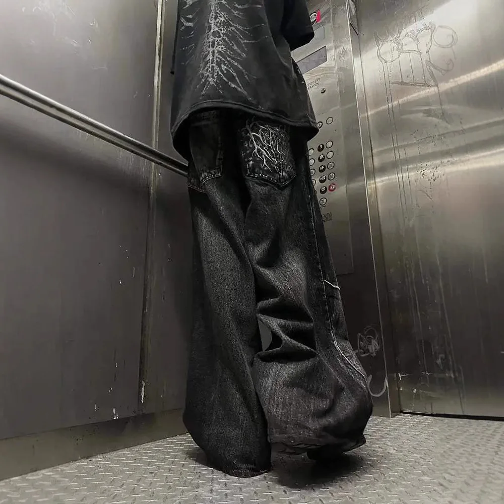 

Y2K Spider Pattern Embroidery Heavy Work Wide Leg Jeans Trendy High Waist Denim Casual Straight Cut Loose Fit Four Seasons