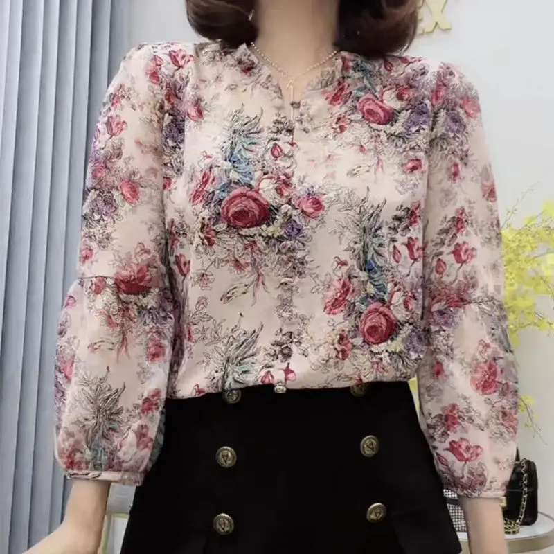 Vintage Rose Floral Printing Chiffon Thin Agaric Lace Women's Clothing O-Neck Single Breasted Lantern Sleeve Shirt Plus Size