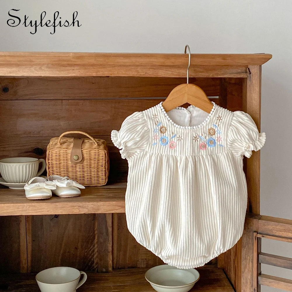 Summer New Fashion Baby Girls 0-3 Years Old Corduroy Embroidered Bubble Short Sleeves Cute Sweetheart Jumpsuit