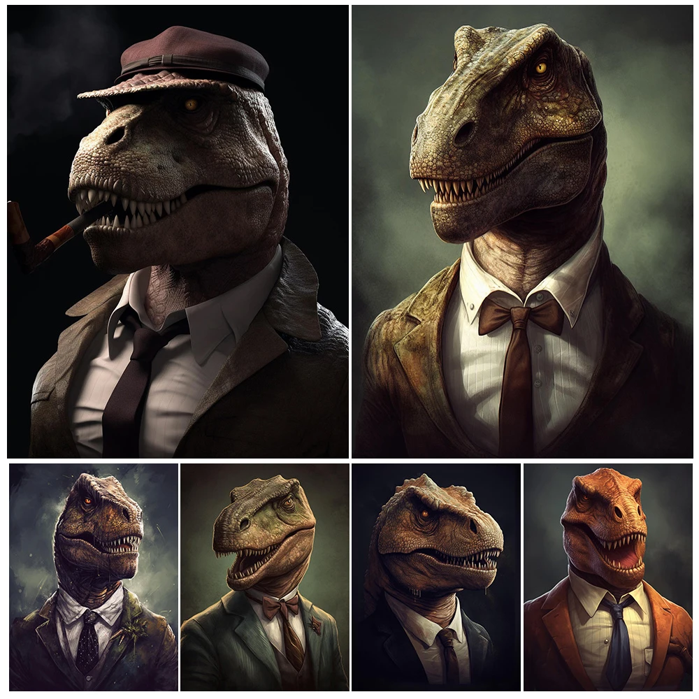 Dinosaur Gentleman Portrait Animal Funny Posters Wall Pictures For Living Room Nordic Poster Wall Art Canvas Painting Unframed