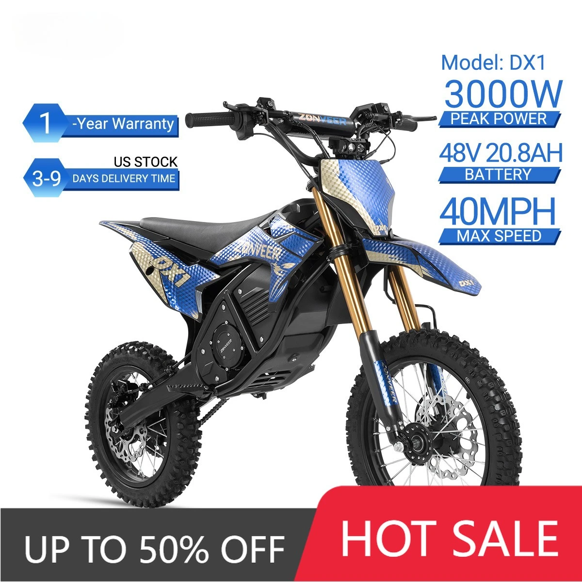 QQA Wholesale sales DX1 48V 1500W adult electric off-road vehicle, mid-drive off-road motorcycle, maximum speed 40-60 km/h, suit