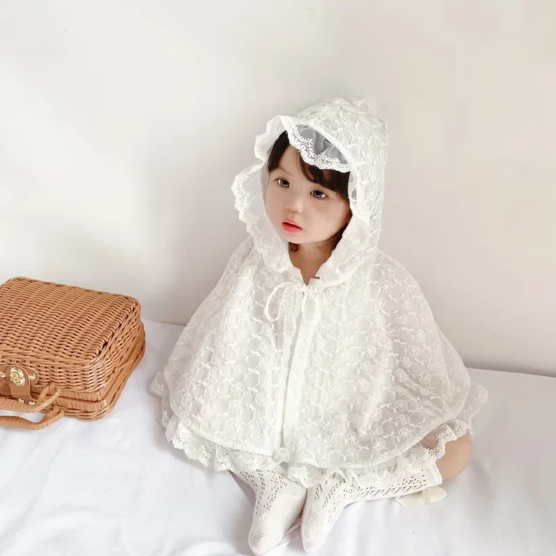 Summer Fashion Toddler Floral Lace Shawl Lovely Baby Girls Drawstring Lined Coats Hooded Kids Sun-Proof Tops For 0-36 Months