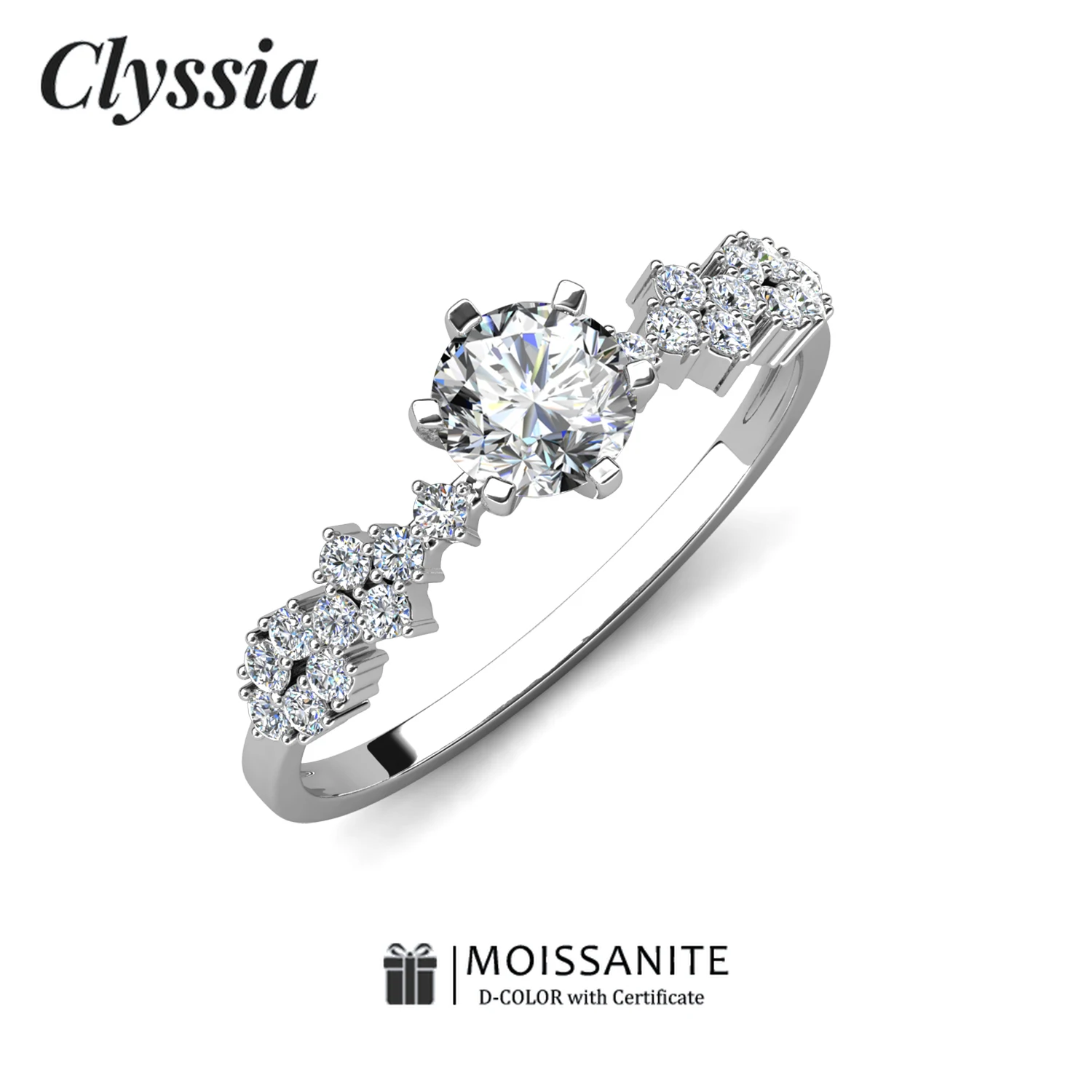 

CLYSSIA Bride Jewelry 925 Sterling Silver Ring 18k White Gold Plated with Moissanite Lab Grown Diamonds Timeless Design